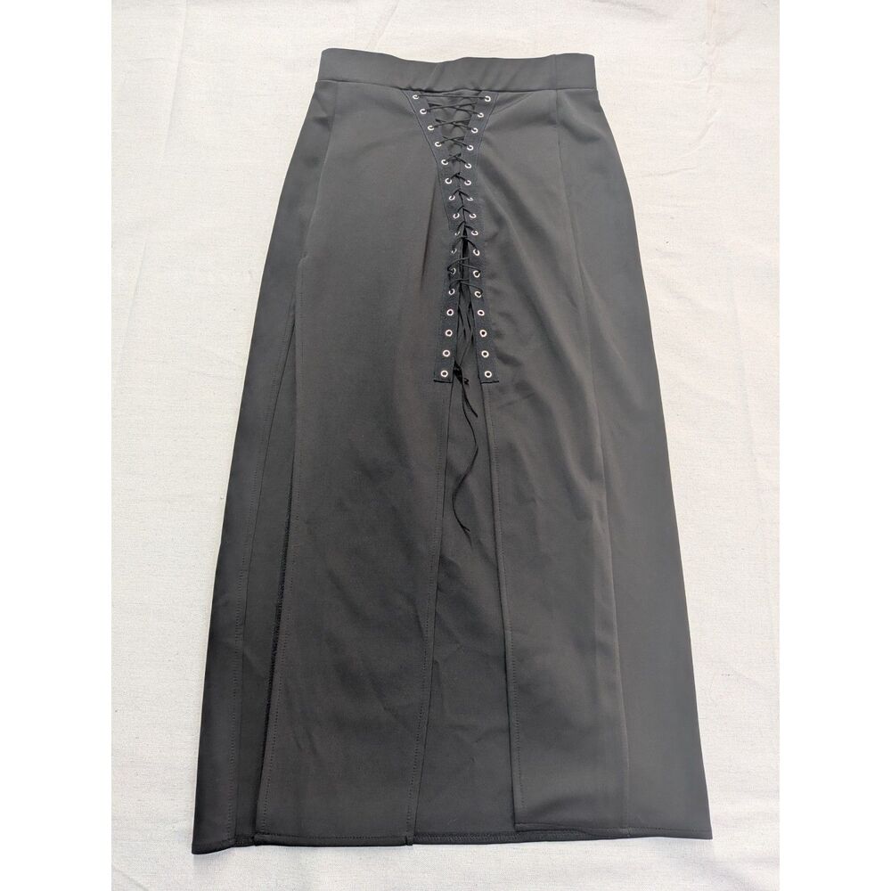 Goth Grunge Punk Small Black Lace Up Corset Midi Skirt Front Slit Y2K